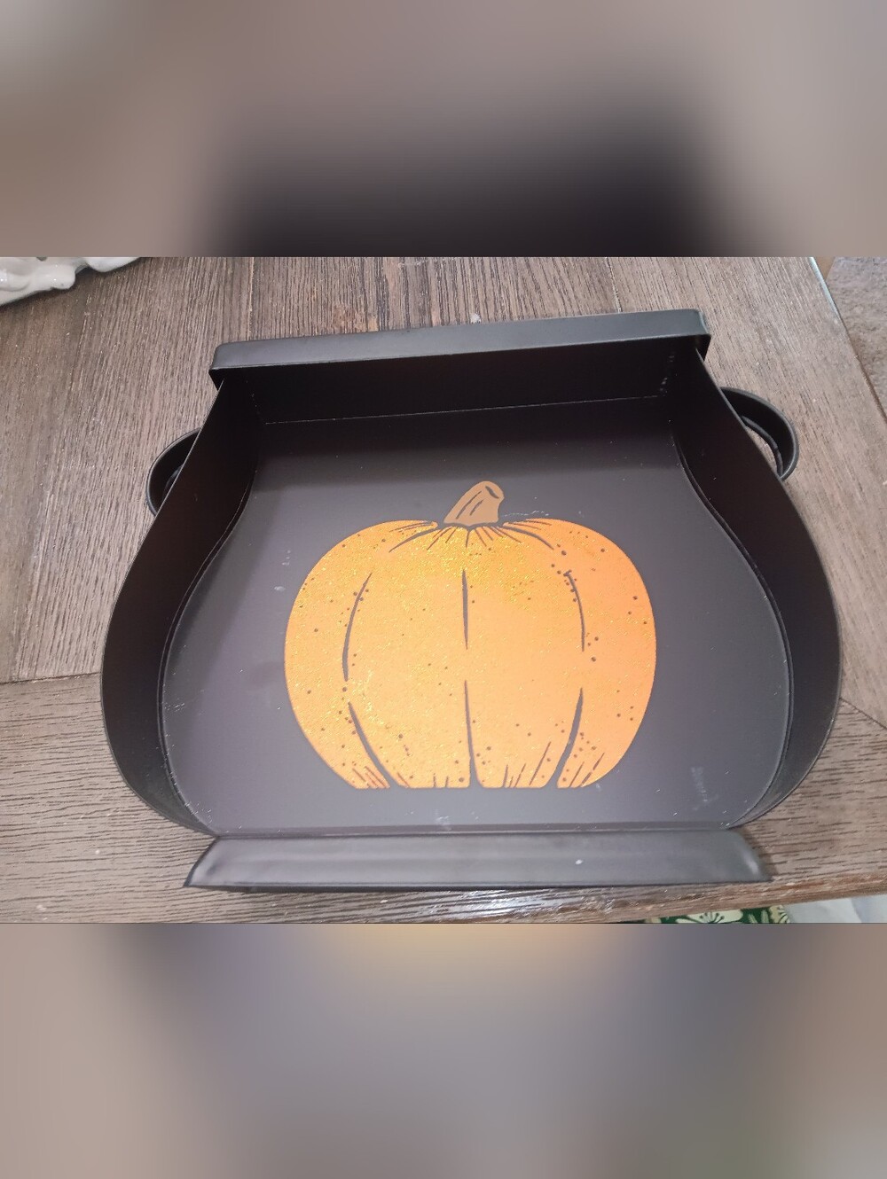 Black Metal Halloween Tray with Glitter Orange Pumpkin